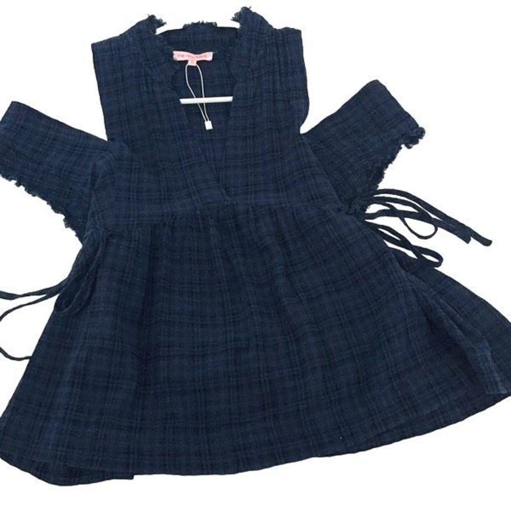 Re:named Womens Cold Shoulder Blouse Top Tie Side Plaid Cotton Blue Size‎ Small